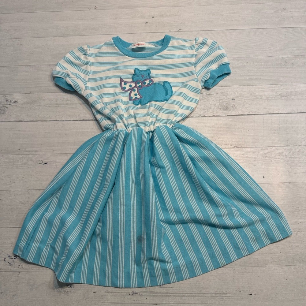 Vintage Healthtex girls blue striped cat applique dress size 6‎
